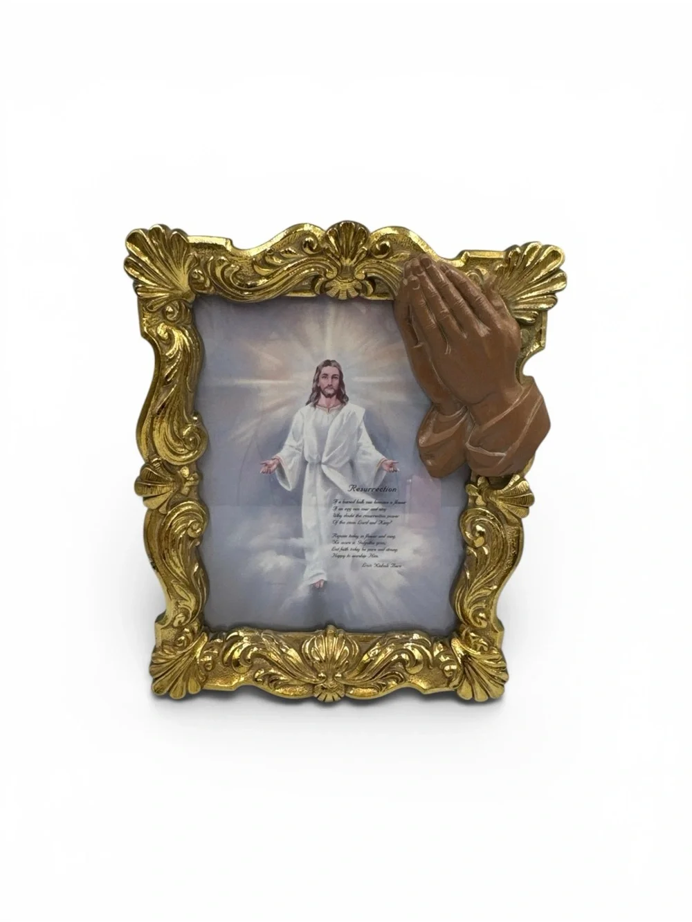 Vintage Jesus Resurrection Wall Plaque Praying Hands Gold Baroque Frame Gold